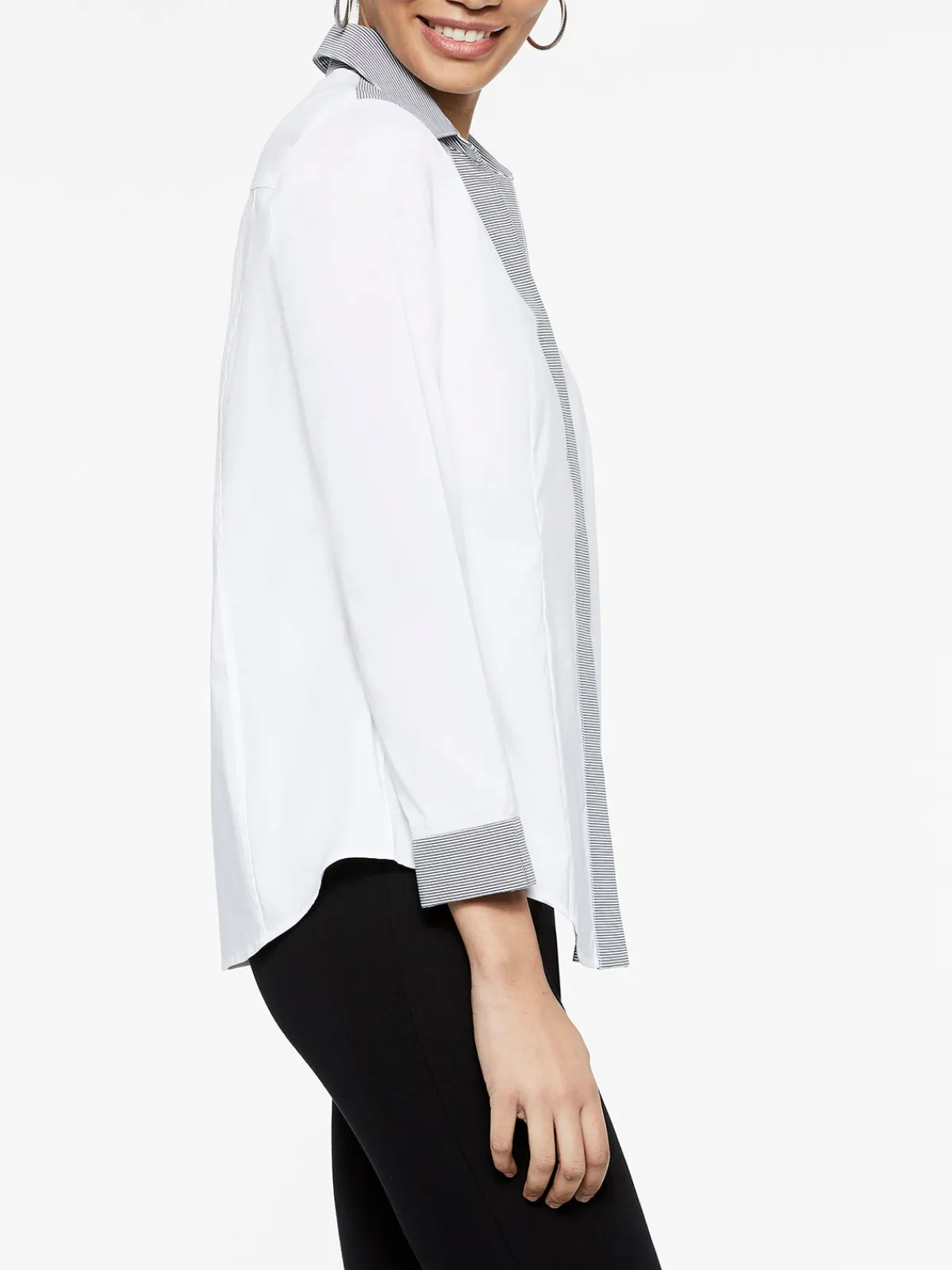Blouses & Shirts|Tops & Tees|Misook Stripe Trim Stretch Cotton Button-Up Shirt White/Black