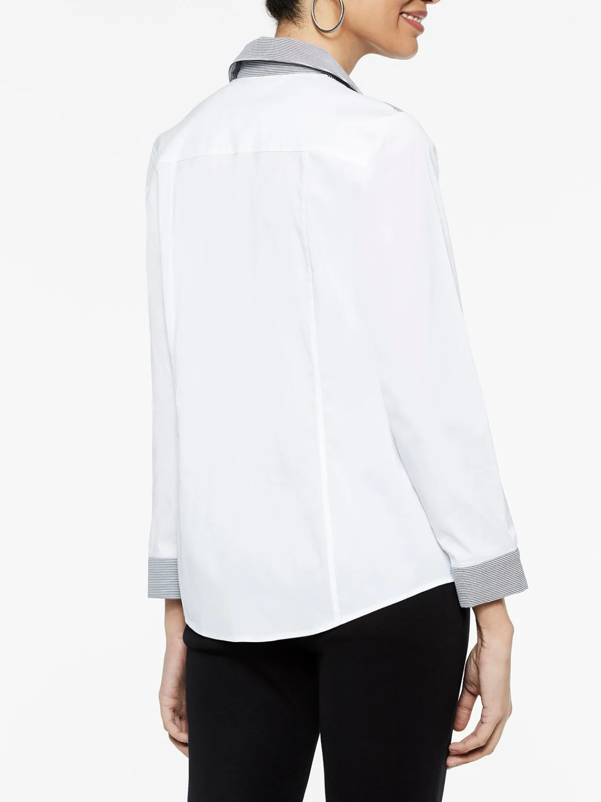 Blouses & Shirts|Tops & Tees|Misook Stripe Trim Stretch Cotton Button-Up Shirt White/Black