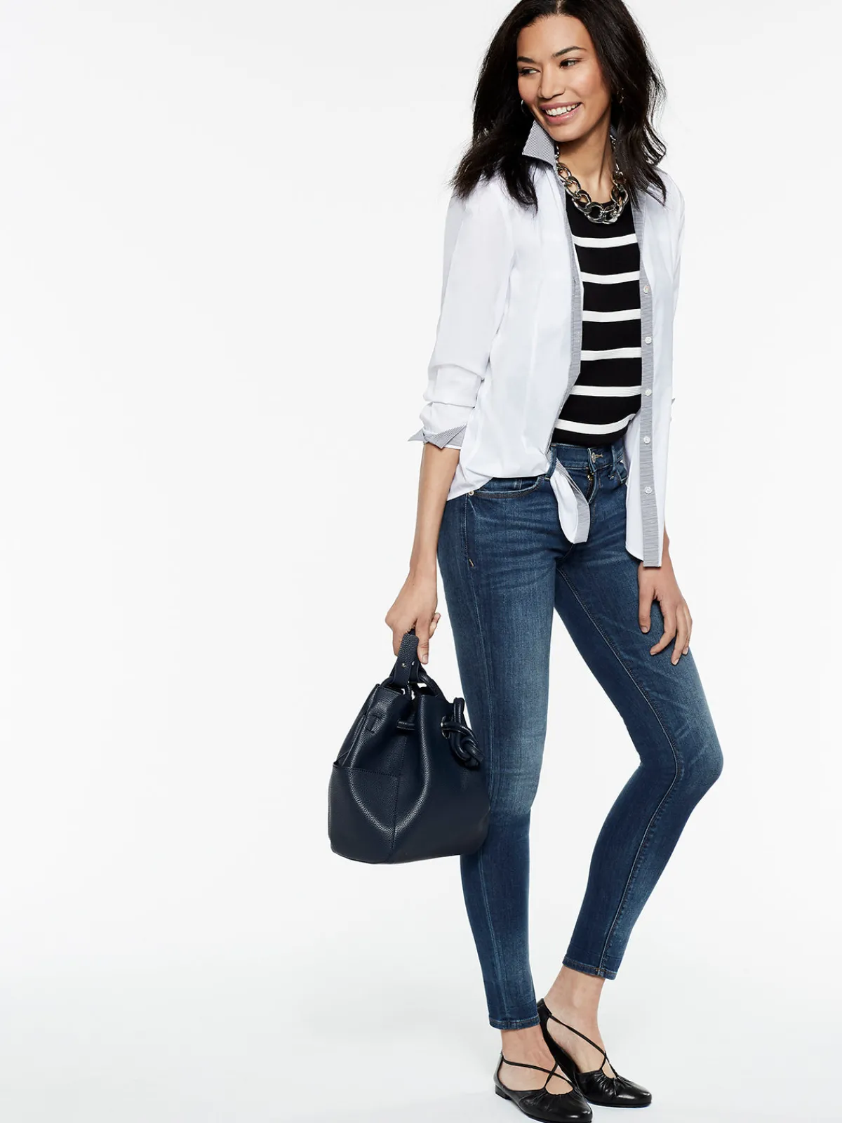 Blouses & Shirts|Tops & Tees|Misook Stripe Trim Stretch Cotton Button-Up Shirt White/Black