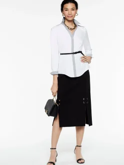 Blouses & Shirts|Tops & Tees|Misook Stripe Trim Stretch Cotton Button-Up Shirt White/Black