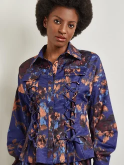 Jackets & Coats|Misook Structured Corset Laced Printed Woven Jacket StarryNightBlue/Sangria/Goldenwood/CornflowerBlue/Parchment