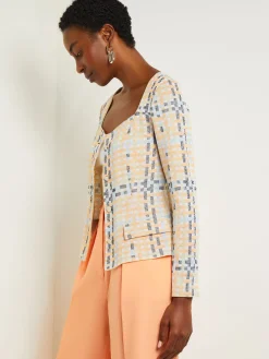 Jackets & Coats|Misook Sweetheart Neck Modern Fit Jacket - Plaid Jacquard Knit PeachBlossom/CaribbeanMist/PaleGold/Black/White