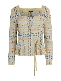 Jackets & Coats|Misook Sweetheart Neck Modern Fit Jacket - Plaid Jacquard Knit PeachBlossom/CaribbeanMist/PaleGold/Black/White