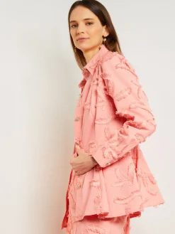 Jackets & Coats|Misook Tailored Fit Button Front Jacket - Belted Fringe Applique Cotton OceanCoral