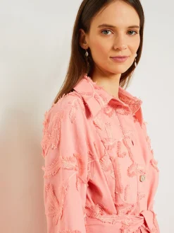 Jackets & Coats|Misook Tailored Fit Button Front Jacket - Belted Fringe Applique Cotton OceanCoral