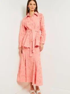 Jackets & Coats|Misook Tailored Fit Button Front Jacket - Belted Fringe Applique Cotton OceanCoral