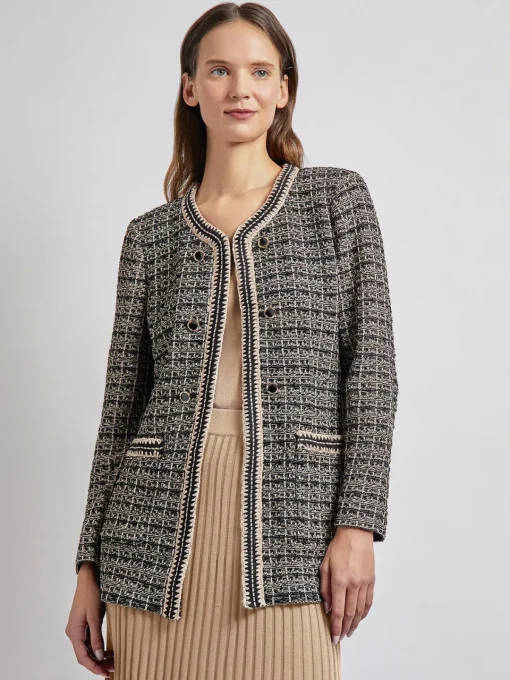 Jackets & Coats|Misook Tailored Fit Contrast Trim Tweed Knit Jacket Black/Sand/Biscotti