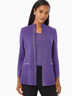 Jackets & Coats|Misook Tailored Fit Crocheted Chain Trim Textured Knit Jacket PlumRoyale