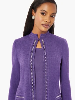 Jackets & Coats|Misook Tailored Fit Crocheted Chain Trim Textured Knit Jacket PlumRoyale