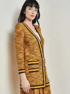 Jackets & Coats|Misook Tailored Fit Jacket - Contrast Trim Tweed Knit Ochre/Black/Copper/NewIvory