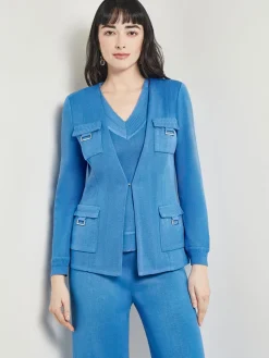 Jackets & Coats|Misook Tailored Fit Jacket - Ribbed Detail Flat Knit AdriaticBlue