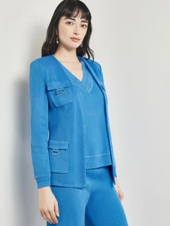 Jackets & Coats|Misook Tailored Fit Jacket - Ribbed Detail Flat Knit AdriaticBlue