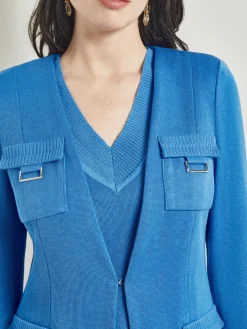 Jackets & Coats|Misook Tailored Fit Jacket - Ribbed Detail Flat Knit AdriaticBlue