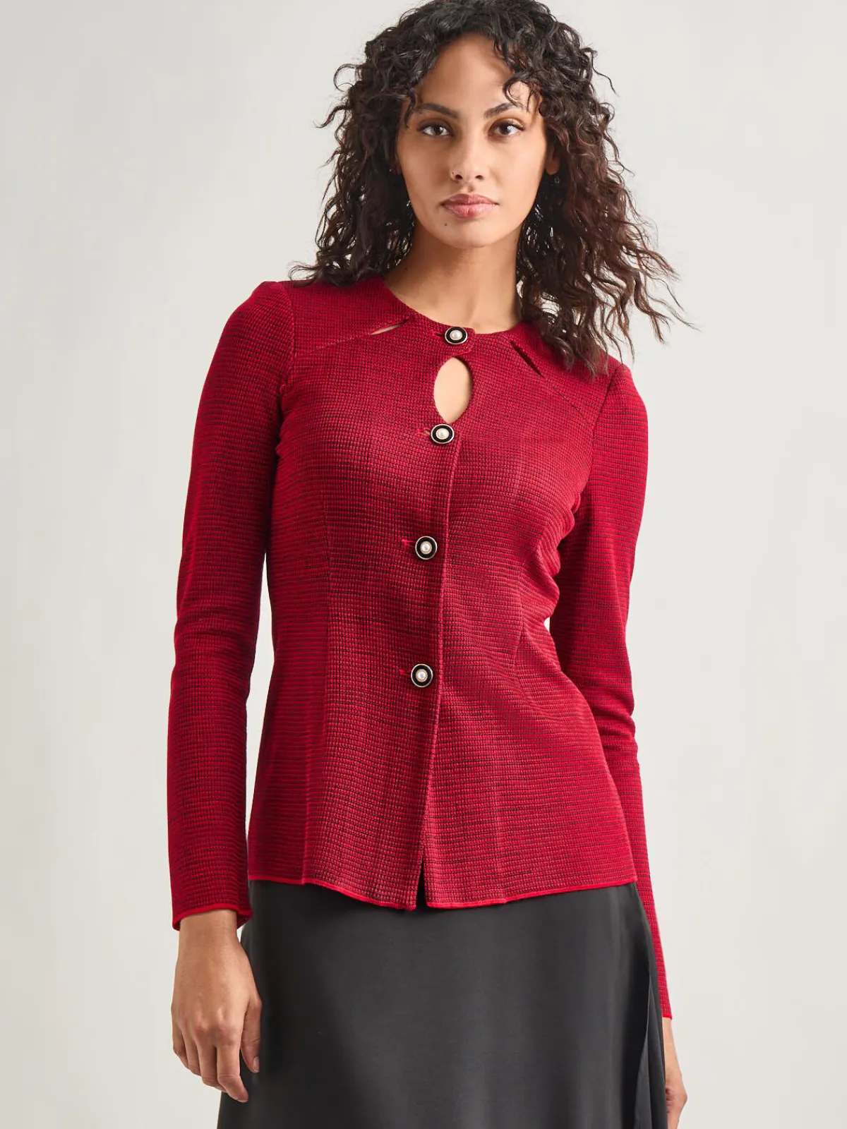 Jackets & Coats|Misook Tailored Fit Two-Toned Cutout Knit Jacket Rouge/Black