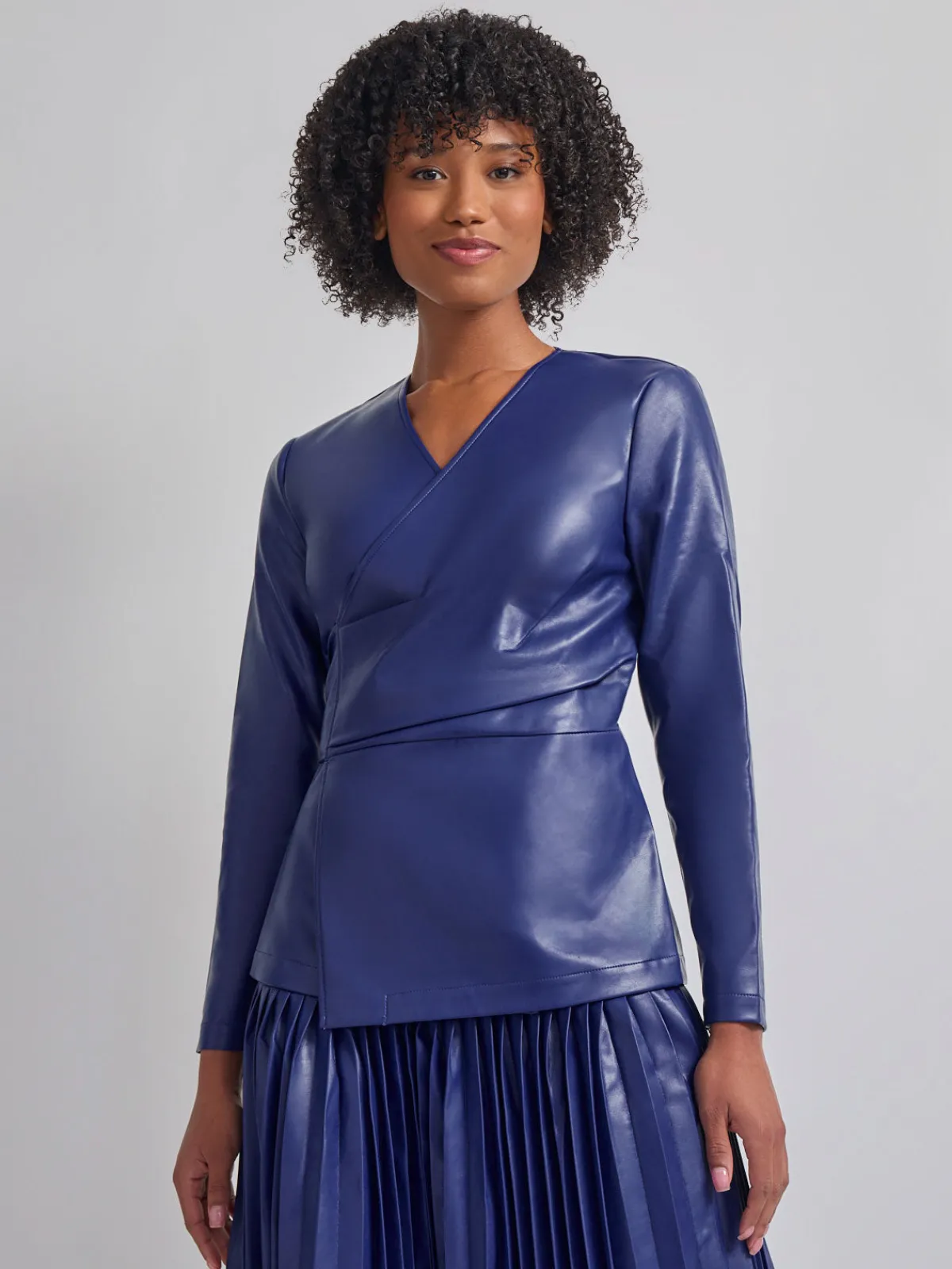 Jackets & Coats|Misook Tailored Fit Vegan Leather Tie Back Jacket StarryNightBlue