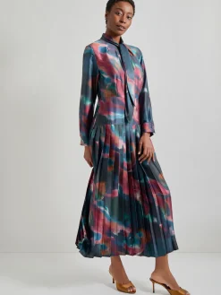 Dresses|Misook Tie Neck Pleated A-Line Maxi Dress MarineTeal/AfricanViolet/Goldenwood/SoftMauve/NewIvory/Black