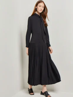 Dresses|Misook Tie Neck Pleated A-Line Maxi Dress Black