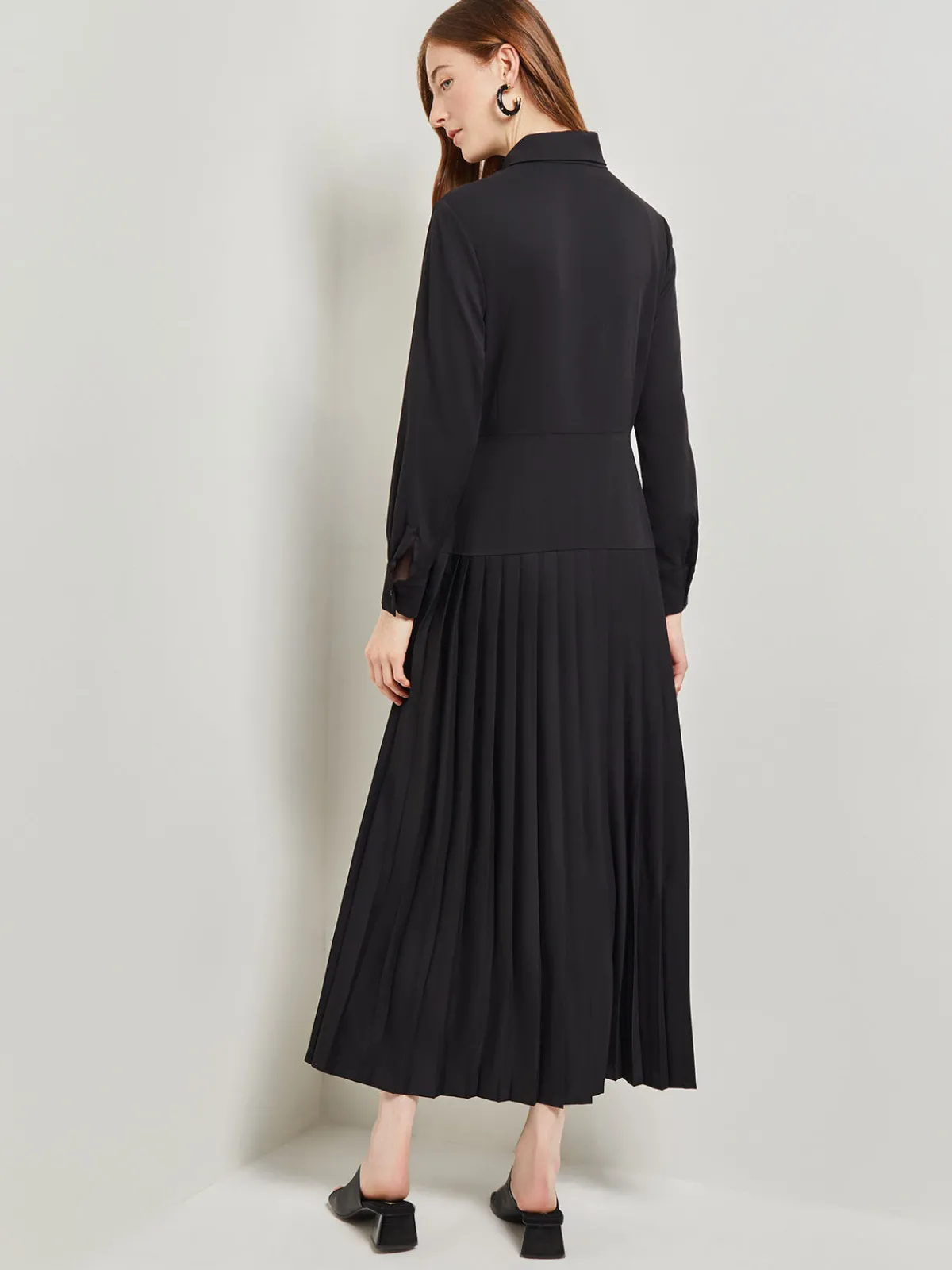 Dresses|Misook Tie Neck Pleated A-Line Maxi Dress Black
