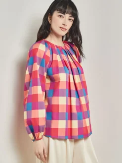 Blouses & Shirts|Tops & Tees|Misook Tie Waist Blouse - Plaid Cotton Blend RadiantPink/AdriaticBlue/Parchment