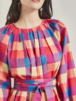Blouses & Shirts|Tops & Tees|Misook Tie Waist Blouse - Plaid Cotton Blend RadiantPink/AdriaticBlue/Parchment