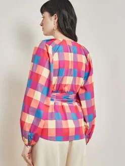 Blouses & Shirts|Tops & Tees|Misook Tie Waist Blouse - Plaid Cotton Blend RadiantPink/AdriaticBlue/Parchment
