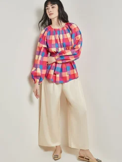 Blouses & Shirts|Tops & Tees|Misook Tie Waist Blouse - Plaid Cotton Blend RadiantPink/AdriaticBlue/Parchment
