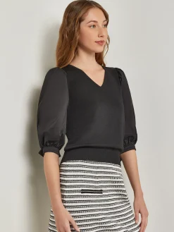 Tops & Tees|Misook Tie-Detail Puff Sleeve Blouse - Mixed Media Black