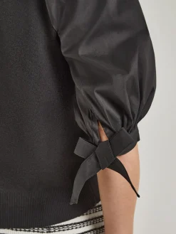Tops & Tees|Misook Tie-Detail Puff Sleeve Blouse - Mixed Media Black
