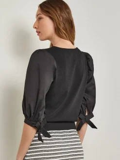 Tops & Tees|Misook Tie-Detail Puff Sleeve Blouse - Mixed Media Black