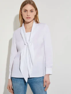 Blouses & Shirts|Tops & Tees|Misook Tie-Neck Cotton Poplin Blouse White