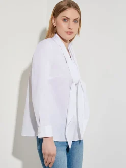 Blouses & Shirts|Tops & Tees|Misook Tie-Neck Cotton Poplin Blouse White