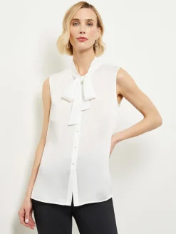 Blouses & Shirts|Tops & Tees|Misook Tie-Neck Crepe de Chine Blouse White