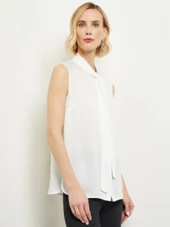 Blouses & Shirts|Tops & Tees|Misook Tie-Neck Crepe de Chine Blouse White