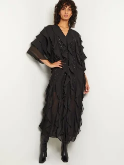 Dresses|Misook Tiered Ruffle Woven Chiffon Maxi Dress Black