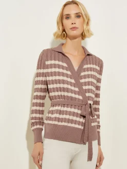 Tops & Tees|Misook Tie-Waist Striped Soft Knit Tunic Macchiato/Biscotti