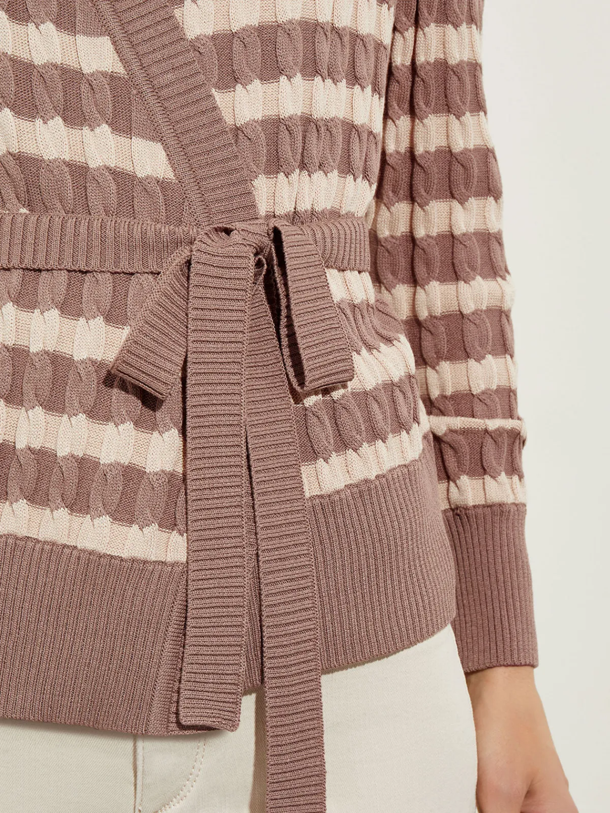 Tops & Tees|Misook Tie-Waist Striped Soft Knit Tunic Macchiato/Biscotti