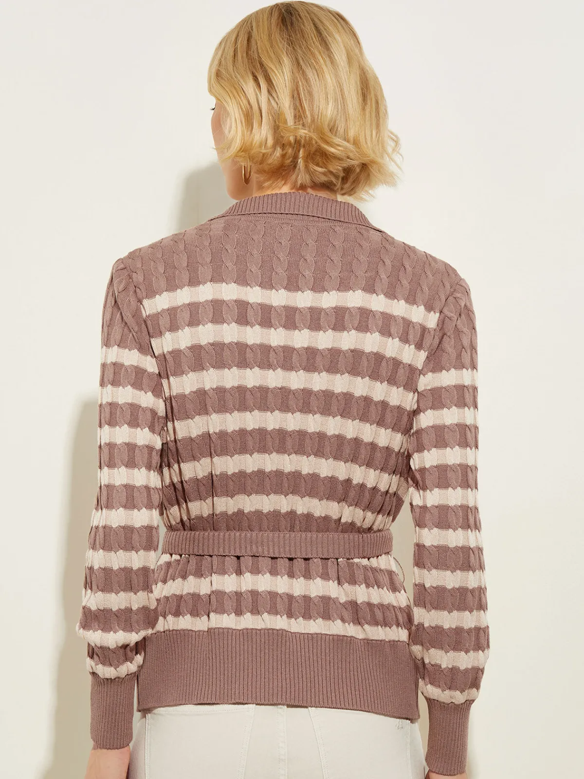 Tops & Tees|Misook Tie-Waist Striped Soft Knit Tunic Macchiato/Biscotti