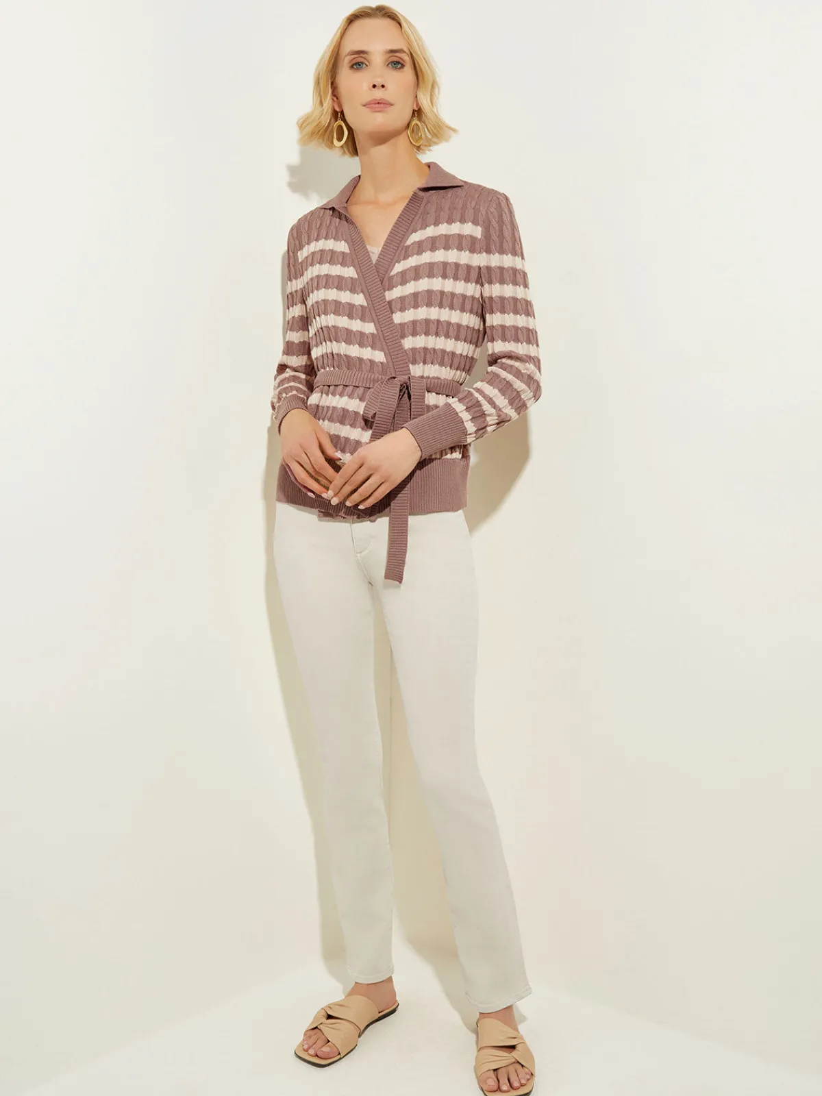 Tops & Tees|Misook Tie-Waist Striped Soft Knit Tunic Macchiato/Biscotti