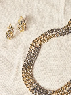 Accessories|Earrings|Misook Two Tone 14K Gold & Rhodium Chain Link Hoop Earrings Gold/Rhodium