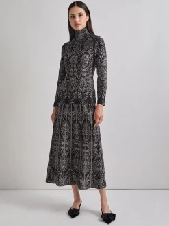 Tops & Tees|Misook Two-Tone Damask Jacquard Knit Tunic Black/Mink