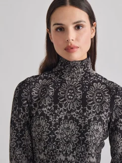 Tops & Tees|Misook Two-Tone Damask Jacquard Knit Tunic Black/Mink