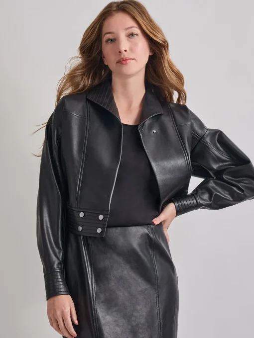 Jackets & Coats|Misook Vegan Leather Cropped Moto Jacket Black