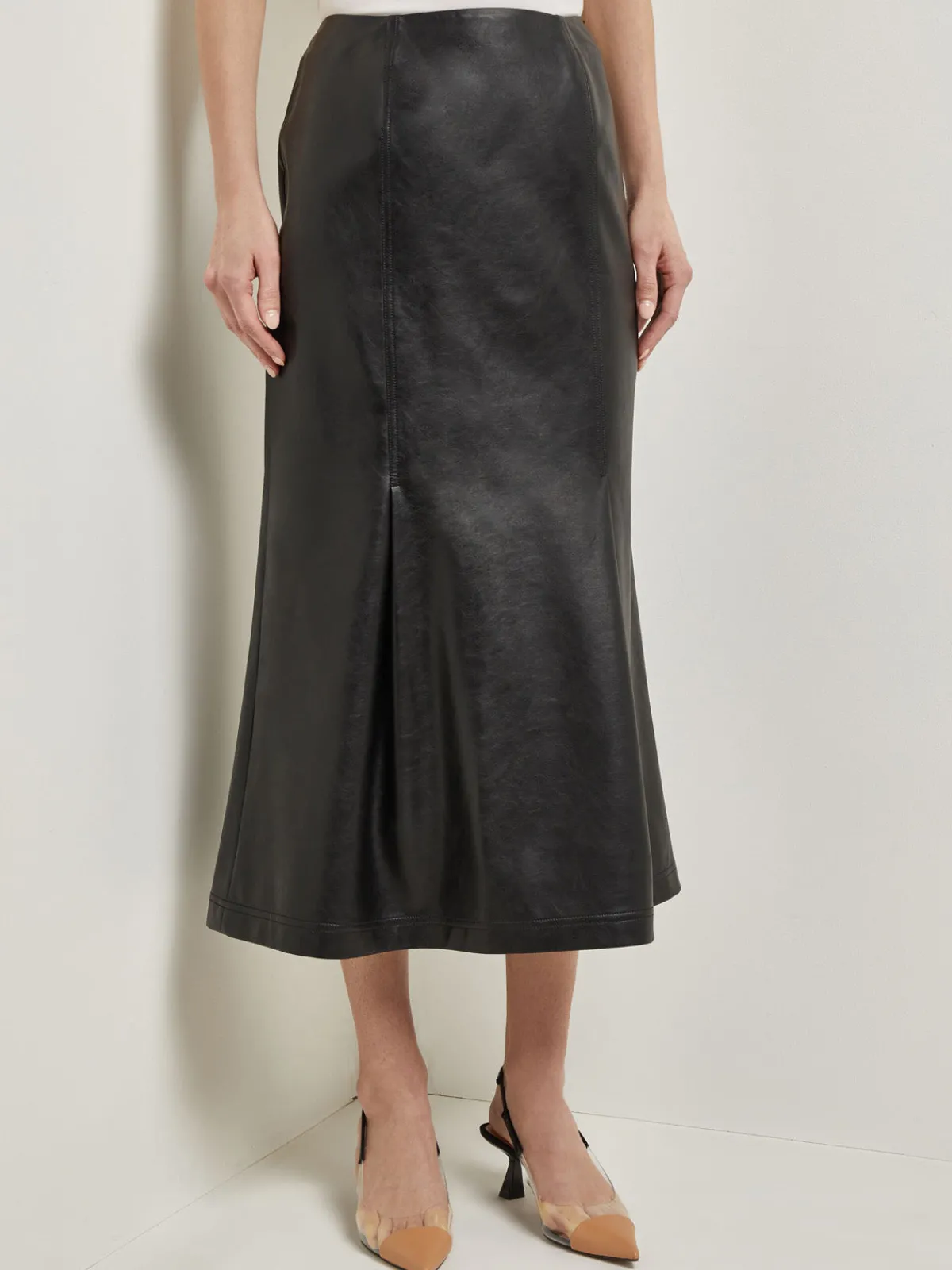 Skirts|Misook Vegan Leather Front Pleat Trumpet Skirt Black