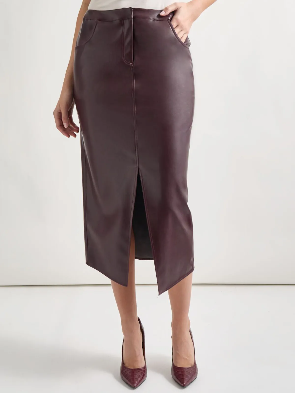 Skirts|Misook Vegan Leather Pencil Skirt Mahogany