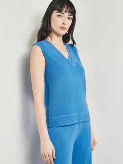 Tops & Tees|Tanks|Misook V-Neck Tank - Ribbed Detail Flat Knit AdriaticBlue