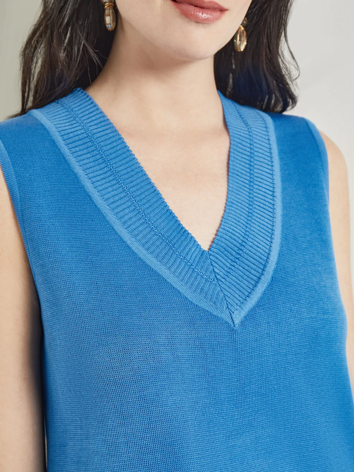 Tops & Tees|Tanks|Misook V-Neck Tank - Ribbed Detail Flat Knit AdriaticBlue