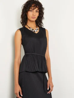 Tops & Tees|Tanks|Misook V-Neck Tie-Waist Pleated Crepe de Chine Tank Top Black