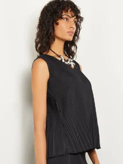 Tops & Tees|Tanks|Misook V-Neck Tie-Waist Pleated Crepe de Chine Tank Top Black