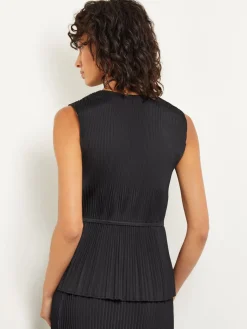Tops & Tees|Tanks|Misook V-Neck Tie-Waist Pleated Crepe de Chine Tank Top Black