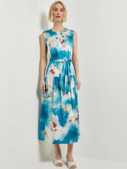 Dresses|Misook Watercolor Removable Shawl Collar Crepe Maxi Dress FrenchBlue/BasinBlue/StarAnise/Macadamia/RedSunset/NewIvory
